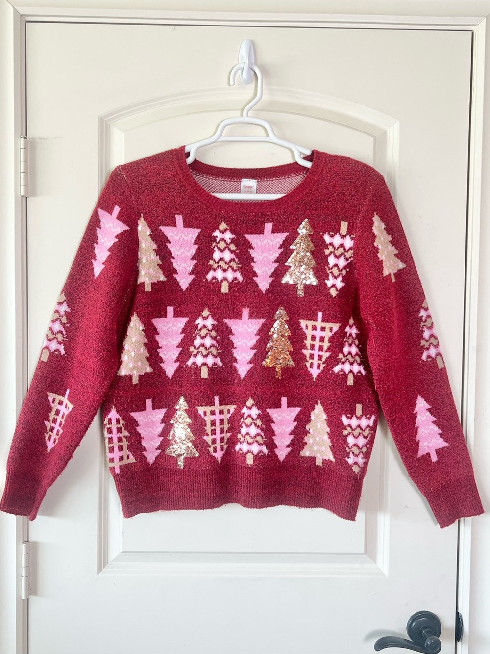 Holiday Time Christmas Sweater Sequin Pink Gold Tree Motif Maroon Red Knit XL